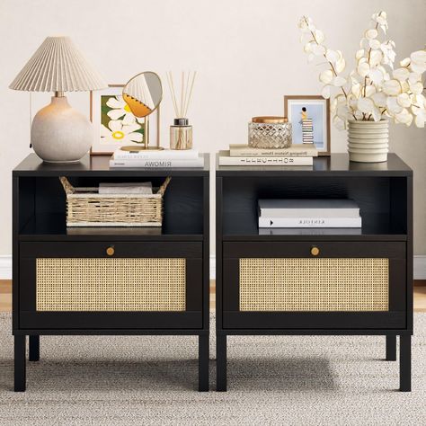 PRICES MAY VARY. 【Boho Nightstand with Rattan Decor】You'll love these boho nightstands that blend contemporary elegance with bohemian charm. Their intricately woven rattan doors provide both beautiful design and practical storage, while the sleek black finish adds a modern touch. These nightstands are perfect for enhancing the style and warmth of your bedroom, making your space feel both cohesive and inviting. 【Large Storage Space】Measuring 15.04''L x 18.58''W x 22.09''H, the bedside table set o Shelves Next To Bed Night Stands, Set Of Nightstands, Bed Frame And Night Stand Ideas, Black Night Table, Black Nightstand Decor, Black And Wood Bedroom, Boho Nightstands, Black Nightstand Bedroom, Rattan Night Stand