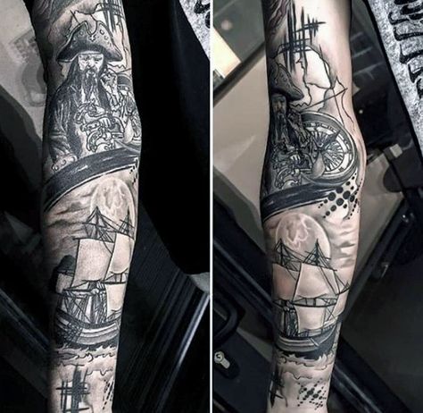 Full Sleeve Ghost Pirate Ship Tattoo Men Compass Thigh Tattoo, Vintage Compass Tattoo, Compass Tattoos Arm, Nautical Sleeve, Nautical Compass Tattoo, Simple Compass Tattoo, Nautical Tattoos, Compass Tattoo Men, Sleeve Tattoo Designs