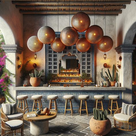 🇲🇽♥️ My @giLherrera twist of Modern Mexican Hacienda Outdoor Bar area with a Tulum/Cabo Touch DETAILS: Beautiful blue Talavera hand painted tiles, cement countertops, rattan furniture, breeze block accents, and BOLD hand hammered copper globe pendants: What do you think? At CoLores Decor Our team is constantly experimenting with textures & “WOW” styles for a UNIQUE statement design for any room…Introducing TOP 🇲🇽 MeXican Artisan Design & CATAPULTING our culture’s Talent through the vision ... Modern Mexican Cafe, Modern Mexican Restaurant Design, Mexican Bar Design, Modern Mexican Hacienda, Cement Countertops, Luxury Dining Room Decor, Artisan Cafe, Blue Talavera, Mexican Restaurant Design