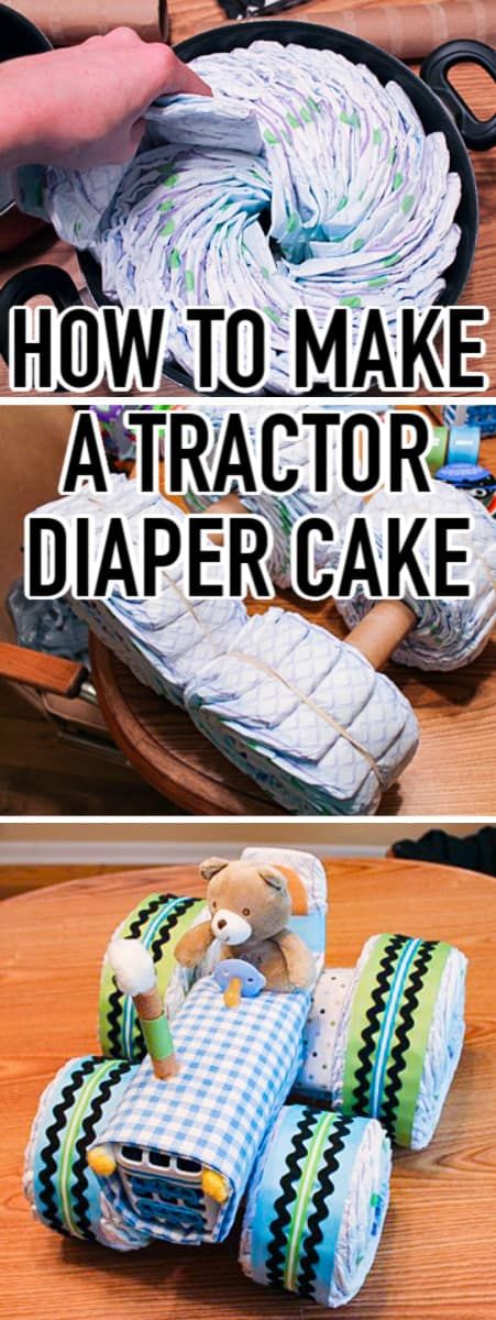 How to make a diaper cake - 50 unique diaper cake tutorials and instructions for the best diaper cake ideas! Tractor Diaper Cake Tutorial, Diaper Creations Diy, How To Make A Diaper Cake, Cow Diaper Cake, Unicorn Drip Cake, Diaper Tractor, Cowboy Diaper Cake, Tractor Diaper Cake, Diy Diaper Cake Tutorial