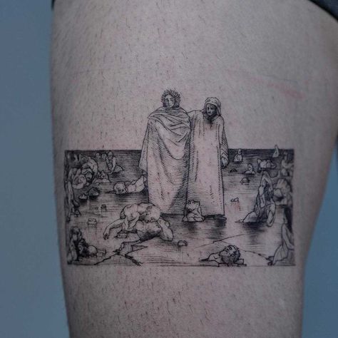 Gustave Doré’s Dante et Virgile tattoo by tattooist Oozy The Divine Comedy Tattoo, Divine Comedy Tattoo, Comedy Tattoo, Oozy Tattoo, Forearm Word Tattoo, South Korean Tattoo, Simple Hand Tattoos, Korean Tattoo, Lower Arm Tattoos