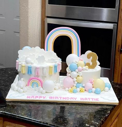 Twin Rainbow Cake, Double Rainbow Cake, Rainbow Two Tier Cake, Two Tier Pastel Rainbow Cake, 3 Layer Rainbow Cake, Chocolate Birthday Cake Decoration, Cake Balloons, Double Layer Cake, Twin Birthday Cakes