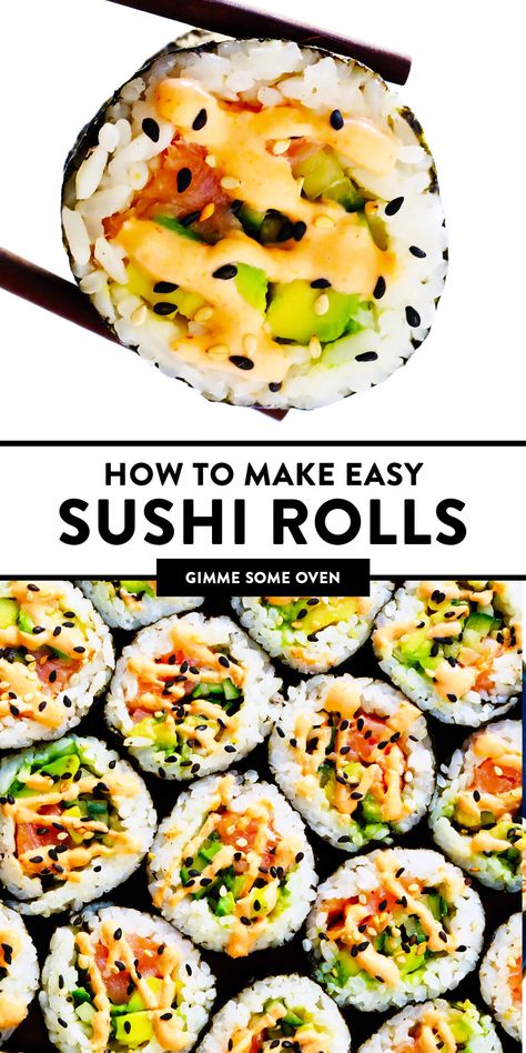 Learn how to make sushi rolls with this easy maki rolls recipe! They are surprisingly easy to make, and 100% customizable with whatever ingredients you love best. Spicy sriracha sauce recipe included if you would like to make spicy tuna, salmon or veggie rolls! | gimmesomeoven.com #sushi #rolls #maki #japanese #howto #salmon #vegetarian #vegan #healthy #dinner #entertaining Easy Sushi Rolls, Sushi Rolls At Home, Resep Sushi, Maki Rolls, Veggie Rolls, Sushi Recipes Homemade, Sushi Roll Recipes, Sushi Recipe, Sushi At Home