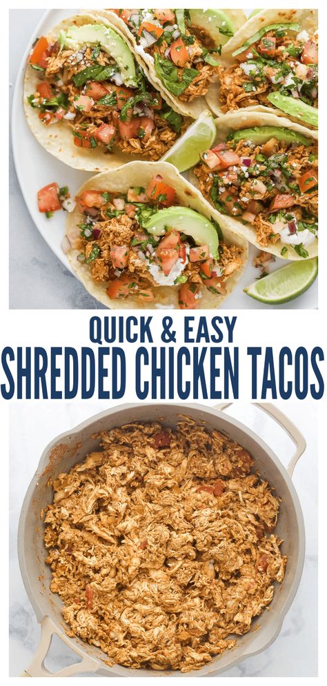 These smokey rotisserie chicken tacos are done in 30 minutes and topped with creamy avocado and fresh pico de gallo! Guaranteed to be your new taco night favorite. Shredded beef, pork, or turkey are great ways to spice things up too. #chickentacos #tacorecipe #chickenrecipes #easychickendinner #easydinnerideas #taconight Rotisserie Chicken Tacos, Healthy Chicken Tacos, Chicken Tacos Recipe, Easy Shredded Chicken, Mexican Shredded Chicken, Chicken Tacos Easy, Shredded Chicken Tacos, Chicken Taco Recipes, Top Chicken Recipes