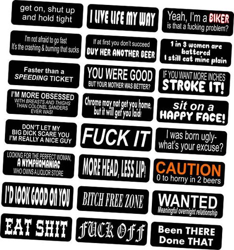 Pack of 24 funny printed motorcycle helmet stickers. Motorcycle Sticker Design Ideas, Motorcycle Helmet Stickers, Funny Motorcycle, Biker Quotes, Funny Rude, Bike Stickers, Stickers Design, Helmet Stickers, Dope Quotes