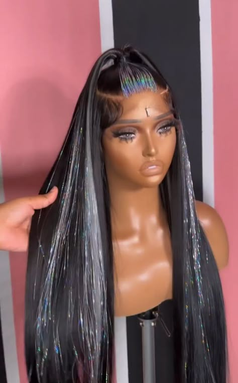 Wigs With Tinsel, Wig With Glitter Strands, Black Girls Hairstyles Weave, Hairstyles Weave, Wig Maker, Baddie Hair, Event Hairstyles, Peekaboo Hair, Perfect Hair Color