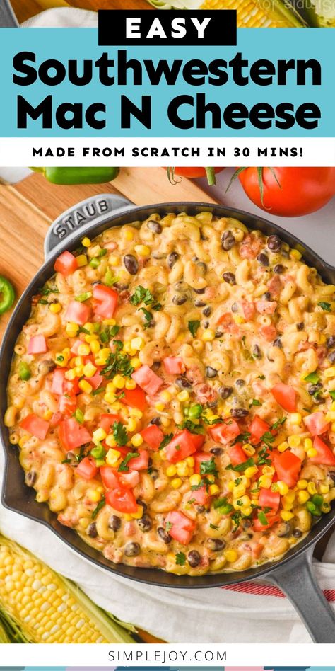 This Southwestern Mac N Cheese is made compltely from scratch and done in 30 minutes. It's so delicious and full of flavor! Fiesta Mac And Cheese Pioneer Woman, Western Mac And Cheese, Scooby Doo Pasta Recipes, Texmex Mac And Cheese, Southwestern Mac And Cheese, Taco Mac N Cheese Recipe, Nacho Mac And Cheese, Queso Mac And Cheese Recipes, Mexican Mac N Cheese