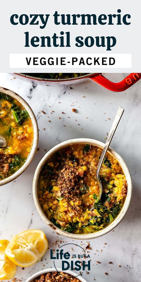 This cozy vegetarian lentil soup recipe with turmeric and farro will warm you through. It’s packed with fresh veggies, red lentils, and hearty farro! A comforting and healthy winter soup the whole family will love. Winter Soups And Stews Vegetarian, Turmeric Soup Recipes, Lentil Carrot Soup, Veggie Lentil Soup, Lentil Soups, Farro Soup, Vegetarian Lentil Soup, Farro Recipes, Turmeric Soup