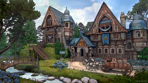 Fantasy Inn Exterior, Witch Cottage Exterior, Cottage Concept Art, Inn Exterior, Medieval Inn, Fantasy Inn, Places I Want To Go, Feng Zhu Design, Feng Zhu