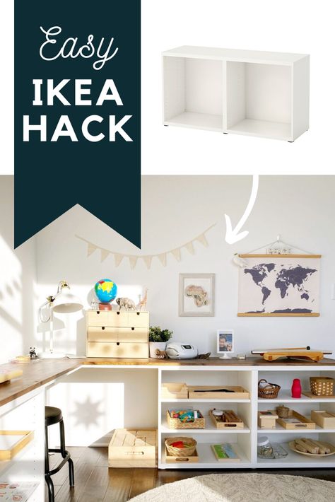 Are you looking for a space-saving solution for a kids' playroom? We took two BESTA frames and turned them into a corner desk that offers a ton of storage for our children's Montessori toys and materials! Find the complete tutorial at www.freeandunfettered.com. #ikeahack #montessoriathome #playroomideas #homeschoolroom #kidsdesk #diyfurniture #kidsroom Toddler Desk Ikea, Ikea Playroom Desk Hack, Trofast Desk Hack Playroom, Kids Craft Station Ikea, Desk And Toy Storage, Ikea Kids Office, Diy Playroom Desk, Corner Desk Kids Room, Ikea Hack Corner Desk