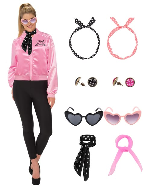 PRICES MAY VARY. Complete 50s Pink Lady Grease Costume Set: Transform into a '50s icon with our women's 50s costumes! This set includes a Pink Satin Jacket, Polka Dot Scarf, pink scarf, black and pink headband, black and pink earrings, black and pink glasses, and pants. Elevate your retro look! Accurate Sizing for the Perfect Fit: Flaunt your style confidently! Our women Grease costumes are designed with accurate sizing guidance. Refer to the size chart for the perfect fit, ensuring you look and Ladies Costume Ideas, Grease Diy Costume Ideas, Pink Lady Hairstyles Grease, Pink Ladies Grease Hairstyles, 50’s Costumes, 50s Outfits Spirit Week, Grease Party Ideas, 50s Theme Outfit, Diy 50s Costume Women