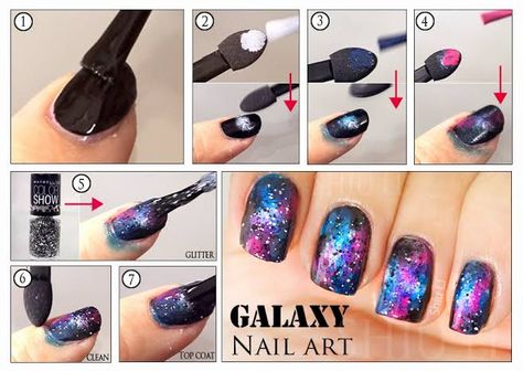 Galaxy Nails Tutorial, Alien Galaxy, Gel Nail Tutorial, Galaxy Nail, Kids Nail Designs, Galaxy Nail Art, Garden Nails, Nail Polish Hacks, Space Nails