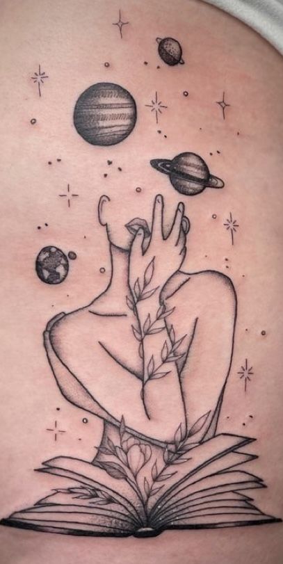 Woman With Moon Tattoo, 224 Tattoo Ideas Women, Sun And Moon Sleeve Tattoos For Women, Girly Space Tattoo, Woman Holding Earth Tattoo, Unique Space Tattoos, Universe Tattoos For Women, Feminine Space Tattoos, Space Tattoo Women