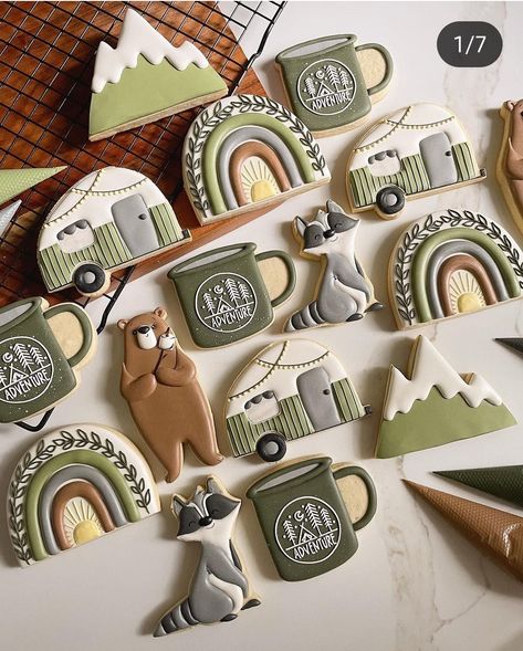 Yellowstone Cookies Decorated, Yellowstone Tv Show Cookies Decorated, Adventure Cookies Decorated, Adventure Awaits Cookies Decorated, S’mores Royal Icing Cookies, Camping Cookies, Hunting Cake, Cookies Theme, Royal Icing Decorations