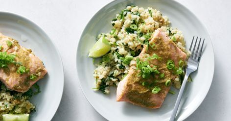 Salmon a cinch to steam along with rice - The San Diego Union-Tribune Green Curry Salmon, Easy Chopped Salad, Curry Salmon, Thai Green Curry Paste, Coconut Rice Recipe, Melissa Clark, Pan Fried Salmon, Green Curry Paste, Crispy Baked Chicken