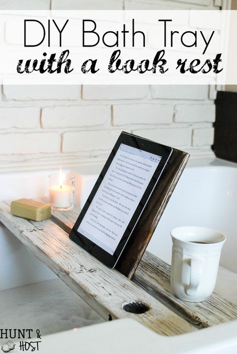 DIY tutorial for a bath tray with a book rest! This bath caddy will make your relaxing hot tub time even more luxurious! Caddy Diy, Book Rest, Bath Board, Tub Tray, Corner Vanity, Moving Art, Bathtub Tray, Diy Bathroom Storage, Tub Time