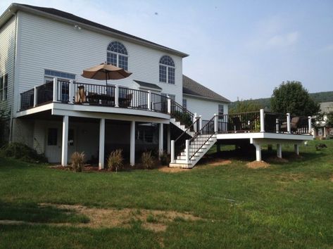 Two Tier Deck, 2 Tier Deck, Back Deck Designs, Deck Design Plans, Vinyl Decking, Second Story Deck, Vinyl Deck, Multi Level Deck, Tiered Deck