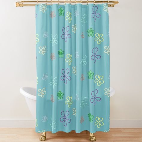 Extra-long decorative fabric shower curtains with 12 button holes. Comes ready to hang. Vivid, full-color printed on front and white on back. Fits most standard size tubs and showers. Part 2 of pack of SpongeBob flowers (: Sponge Bob Bathroom, Spongebob Shower Curtain, Spongebob Bathroom Decor, Spongebob Themed Bathroom, Spongebob Bathroom Ideas, Spongebob Bathroom, Spongebob Decor, Spongebob Flowers, Bathroom Decor Colorful