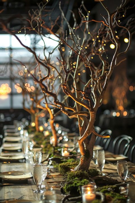 Transform your wedding tables into a woodland fantasy! Fallen tree branches rise like sculptures, entwined with fresh moss and the delicate sparkle of LED lights. Perfect for couples seeking that magical, natural touch 🌿✨. #WeddingInspiration #DIYWedding #RusticWedding #WeddingDecor #NaturalWedding #EcoFriendlyWedding #WeddingTableDecor #WeddingCenterpiece Gold Branches Wedding Decor, Stick Centerpieces Branches, Tree Branches Wedding Decor, Foraged Wedding Decor, Enchanted Wedding Centerpieces, Nature Wedding Table Decor, Enchanted Forrest Table Decor, Fantasy Wedding Centerpieces, Enchanted Forest Wedding Theme Indoors