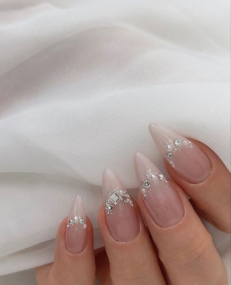 Nails Acrylic For Bride, Neutral New Years Nails, French Tip Diamond Nails, Winter Engagement Nails, Wedding Nails With Rhinestones, Square Bridal Nails, Bridal Nails Designs, Engagement Nails, Wow Nails