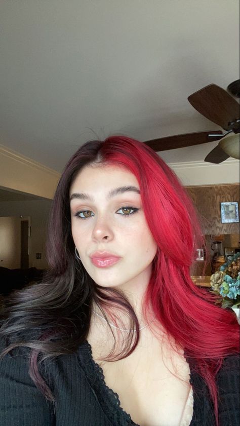 Split Dye Hair Ideas Brown, Split Dye Red Hair, Split Dyed Hair Red And Brown, Red And Black Split Dye Hair, Red And Brown Hair Split, Split Red Hair, Split Dyed Hair Black And Red, Red And Brown Split Dye, Half Brown Half Red Hair