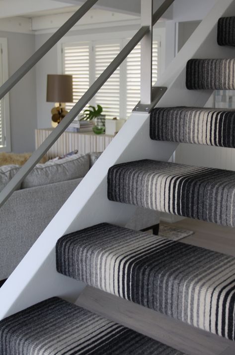 Spring Lake Lakehouse — Kathryn Chaplow missoni carpet, carpet runner, staircase, open staircase, black and white interior, modern interior Under Staircase Ideas, Staircase Black, Carpet Stair Runner, Black Entry Doors, Stairs And Doors, Staircase Runner, Open Stairs, Hall Flooring, House Staircase