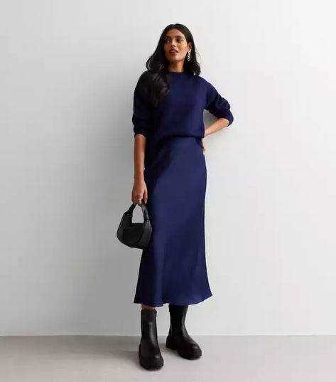 Navy Slip Skirt Outfit Winter, Navy Tops Outfit, Blue Satin Midi Skirt Outfit, Blue Navy Skirt Outfit, Midi Slip Skirt Outfit, Navy Black Outfit, Navy Slip Skirt Outfit, Navy Silk Skirt Outfit, Blue Silk Skirt Outfit