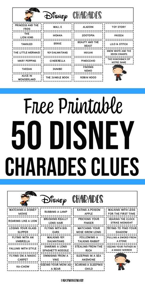 So fun! This Disney themed charades for kids printable game is a fun and easy family activity. Kids will have a blast acting out clues from the word list using Disney movie titles and actions. Click to get the 50 clues to print out at home. Makes a fun kids activity especially at a Disney birthday party! Charades is a great party game for kids. Kida Disney, Charades For Kids, Disney Activities, Charades Game, Tema Disney, Family Fun Night, Disney Games, Film Disney, Disney Day