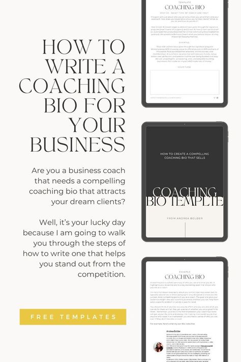 Are you a business coach, course creator, or consultant that needs a compelling coaching bio that attracts your dream clients?I am sharing my 15 page coaching bio template to walk you through the steps of how to write one that helps you stand out from the competition. Bio Template, Business Coaching Tools, Life Coach Business, Life Coaching Business, Health Coach Business, Small Business Planner, Dream Clients, Online Coaching Business, Executive Coaching