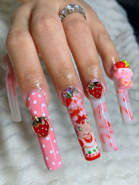 Sucker Nails, Candyland Nails, Candy Land Nails, Kawaii Nails Acrylic, Dessert Nails, Candy Nails, Strawberry Nails Acrylic, Cake Nails, Strawberry Shortcake Nails