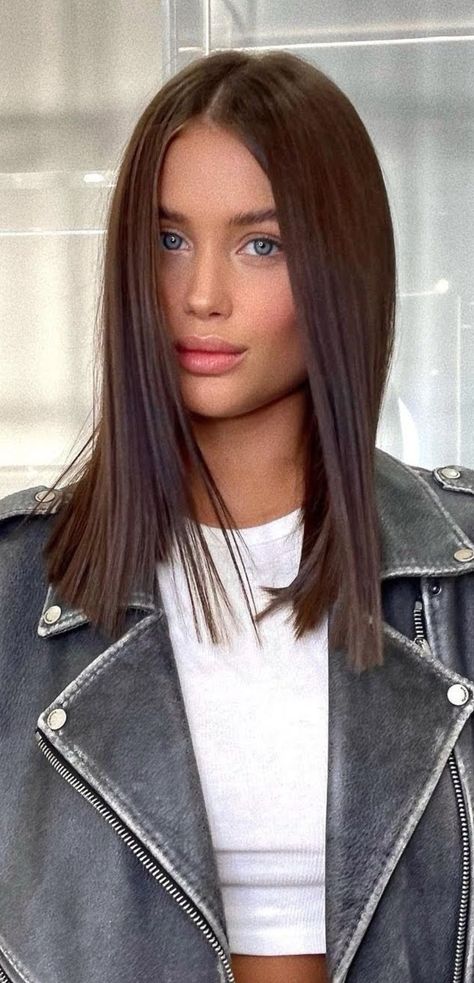 Straight Lobs Shoulder Length, Brown Short Hair Colors, Medium Length Haircut No Layers Straight, Medium Length Sleek Hairstyles, Short Dark Straight Hair, Straight Brown Haircut, Brunette Straight Haircut, Sleek Medium Length Hair, Straight Brown Hairstyles