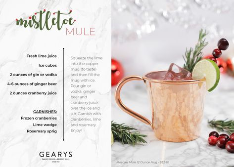 A GEARYS cranberry-infused twist on the classic Moscow Mule. Mistletoe Mule, Copper Mugs, Holiday Cocktail, Holiday Cocktail Recipe, Moscow Mule, Holiday Cocktails, Cranberry Juice, Ginger Beer, Cocktail Recipe