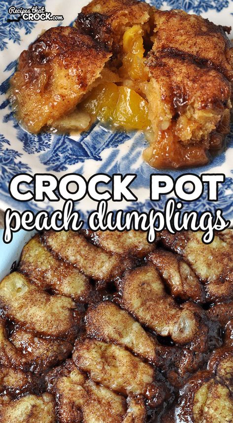 This Crock Pot Peach Dumplings recipe takes one of our favorite dessert recipes, Crock Pot Apple Dumplings and gives it a summer taste! Crockpot Dessert, Crockpot Cake, Peach Dumplings, Peach Dump Cake, Dump Cakes, Peach Recipes, Crock Pot Desserts, Dumplings Recipe, Pop Tart