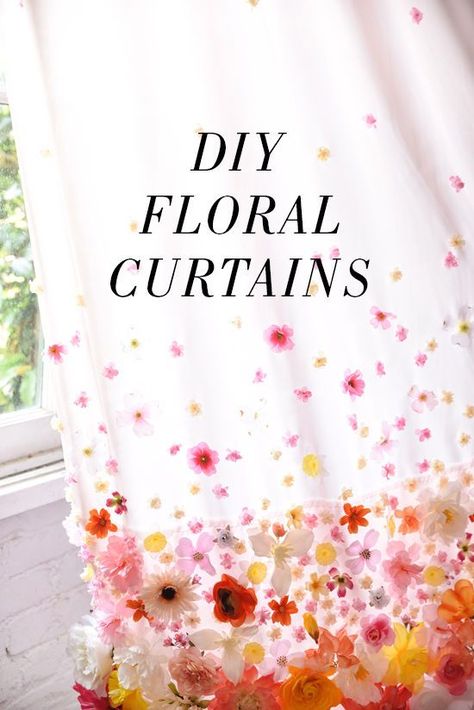 DIY FLORAL CURTAIN Curtains Decor, Homemade Curtains, Curtains Kitchen, Kitchen Windows, Diy Window Treatments, Ikea Curtains, Flower Curtain, Shabby Chic Curtains, Drop Cloth Curtains