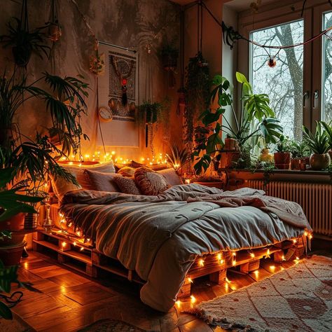 Cosy Plant Bedroom, Dark Wood And Plants Bedroom, Cosy Bedroom Lighting, Room Ideas Aesthetic Rustic, Boho Bedroom Plants, Aesthetic Bedroom Ideas Led Lights, Cosy Bedroom Inspirations, Cosy Studio Apartment, White Picket Fence Ideas