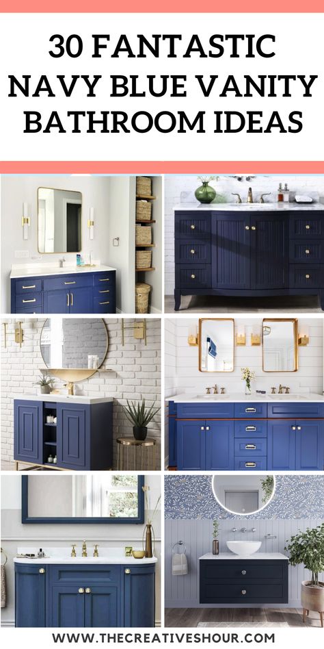 30 Navy Blue Vanity Bathroom Ideas You Will Love Bathroom Remodel With Blue Cabinets, Bathroom Paint Colors With Blue Vanity, Half Bathroom Ideas Blue Vanity, Navy Vanity Bathroom Ideas Paint, Bathroom With Blue Vanity Ideas, Bathroom Remodel Navy Vanity, Blue Tan Bathroom, Navy Blue And White Bathroom Decor Ideas, Navy Blue Vanity Bathroom Wall Color