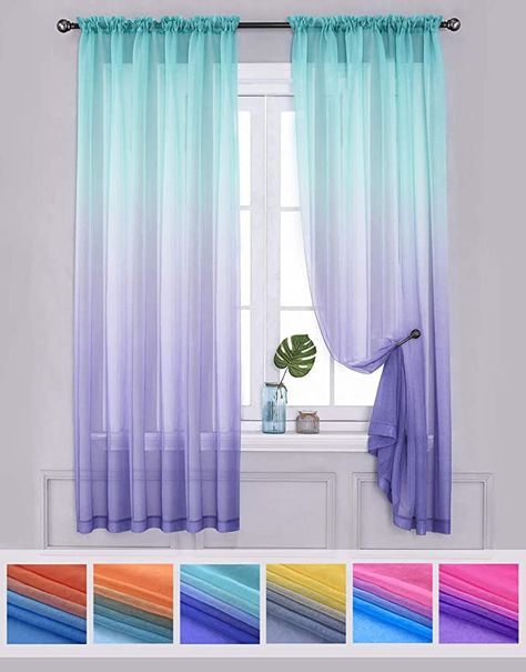 Pink Sheer Curtains, Ombre Curtains, Purple Curtains, Mermaid Bedroom, Bedroom Drapes, Window Sheers, Living Room Door, Bedroom Curtains, Voile Curtains