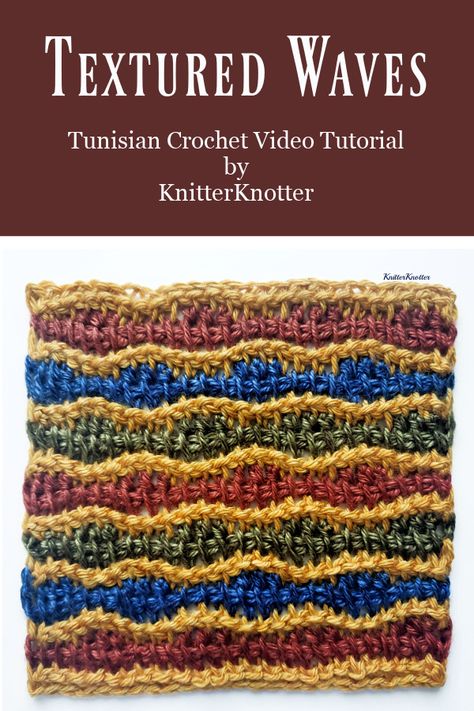 Tunisian Waves are super easy to make, all it takes is to combine stitches of different height (Tunisian Reverse Stitches and Tunisian Double Crochet Stitches) to build a wave pattern. This is a very simple technique and it looks best when made with 2 or more different colors! Tunisian Wave Stitch, Knitted Squares Pattern, Wave Stitch, Crochet Tunisian, Crochet Charts, Tunisian Crochet Hook, Tunisian Crochet Patterns, Tunisian Crochet Stitches, Knitting Tutorials