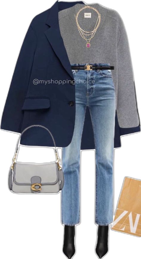 Styling A Navy Blazer, Denim Blazer Outfits For Women, Navy Blue Bag Outfit, Outfit Blazer Azul Marino, Navy Blue Blazer Outfit Women, Navy Blue Jacket Outfit, Navy Blazer Outfit Women, Blue Casual Outfit, Denim Blazer Outfit