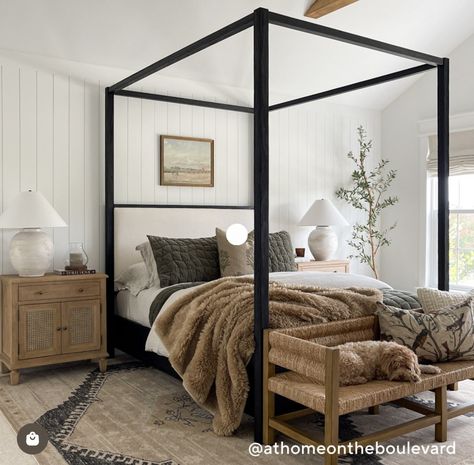 Farmhouse Bedroom Four Poster Bed, Black Metal Four Poster Bed Frame, Black 4 Poster Bed, Four Poster Bed Black Wood, Potterybarn Farmhouse Canopy Bed, Bedroom