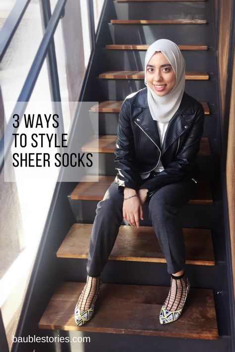 3 Ways to Style Sheer Socks | Bauble Stories hijabi fashion, leather jacket, black outfit, work outfit, 9 to 5, geometric heels, sheer socks, mesh socks, modest style, style tips Mesh Socks Outfit, Black Outfit Work, Sheer Socks Outfit, Jacket Black Outfit, Fashion Leather Jacket, Outfit Work, Mesh Socks, Modest Style, Sheer Socks