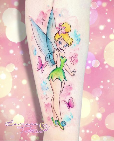 Peter Pan Tattoo Color, Tinkerbell Tattoo Color, Tinkerbell Flower Tattoo, Watercolor Disney Tattoo, Disney Tattoo Designs, Tattoo Tinkerbell, Tinkerbell Tattoo, Tinker Bell Tattoo, Cartoon Tattoo Ideas