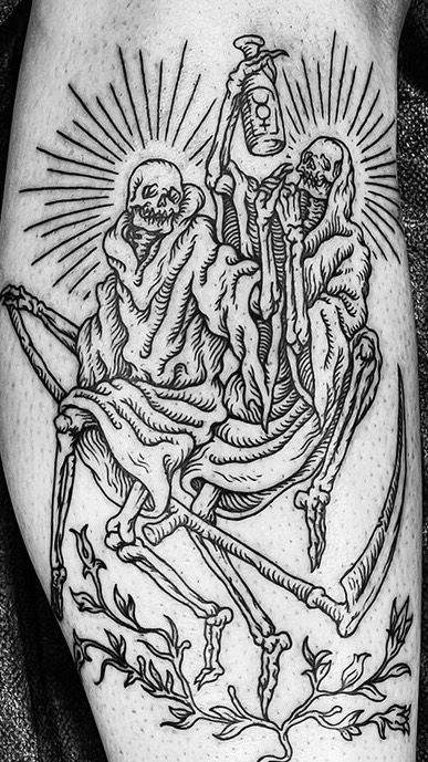 Grim Reaper Woodcut, Medieval Grim Reaper Tattoo, Woodblock Tattoo Style, Skeleton Knight Tattoo, Danse Macabre Tattoo, Wood Cut Tattoo Style, Lithograph Tattoo, Cross Hatch Tattoo, Lovecraft Tattoo Ideas