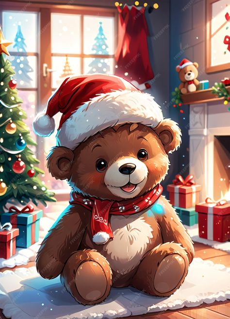 Premium AI Image | Cartoon Christmas illustration of the cute Teddy Bear wearing Santa hat Christmas Bear Drawing, Christmas Bear Illustration, Teddy Bear Painting, Teddy Bear Art, Teddy Christmas, Teddy Bear Drawing, Christmas Bears, Teddy Bear Christmas, Christmas Drawings