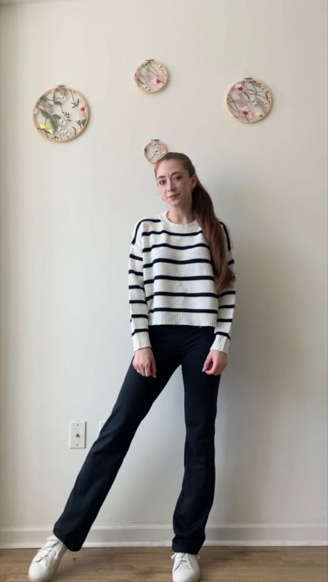 Comfy Casual Fall Outfit for School 📚🍂 I’m wearing a black & white striped knit sweater, black yoga pants/flared leggings, and white sneakers. Cozy, comfortable, and cute. Outfit For School, Casual Fall Outfit, Autumn School Outfit, Flare Yoga Pants, Striped Knit Sweater, Fall Outfits For School, Aerie Real, Offline By Aerie, Black Yoga Pants