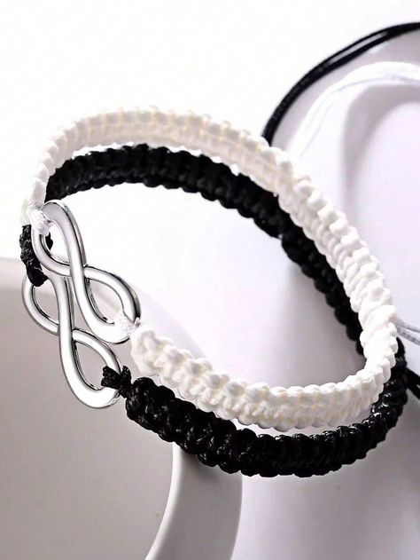 1 Set Handmade Woven Figure 8 Infinity Love Bracelet, Adjustable Rope, Couples Black & White 2pcs Set, Friendship Bracelet Multicolor Fashionable   Zinc Alloy     Men Jewelry, size features are:Bust: ,Length: ,Sleeve Length: Men Jewelry, Bracelet