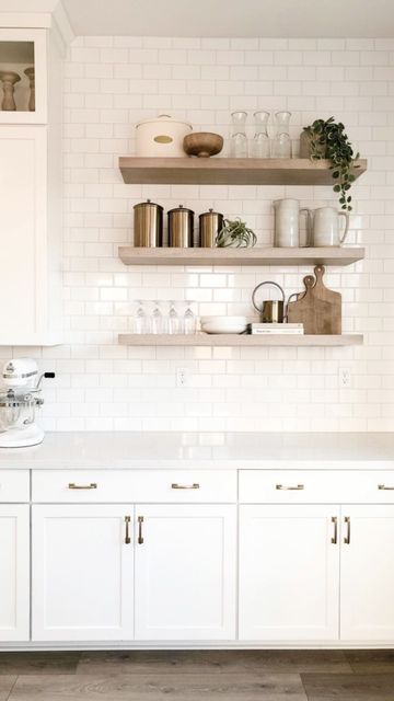 White Kitchen Cabinet Open Shelves, Decorating Open Shelves In Dining Room, Styled Floating Shelves Kitchen, Kitchen Open Shelving Dishes, Floating Shelves White Kitchen, Kitchen Decor Floating Shelves, Exposed Kitchen Shelves Decor, Floating Shelves Kitchen Styling, Kitchen Open Shelf Ideas