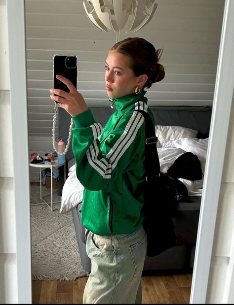 Green Adidas Jacket Outfit, Track Jacket Outfit Woman, Adidas Track Top Outfit, Adidas Jacket Aesthetic, Adidas Firebird Jacket Outfit, Green Zip Up Outfit, Adidas Jacket Women Outfit, Adidas Jacket Outfit Street Style, Green Adidas Outfit