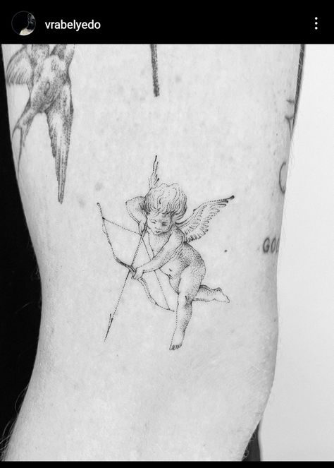 Cherub With Arrow Tattoo, Cherub Arrow Tattoo, Fine Line Cherub, Angel Demon Tattoo, Angel Tattoo For Women, Angle Tattoo, Cupid Tattoo, Body Tattoo Design, Snow Flake Tattoo