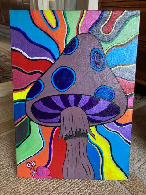 Black Canvas Mushroom Painting, Rainbow Mushroom Painting, Trippy Snail, Trippy Mushroom Painting, Mushroom Paintings, Bedroom Art Painting, Mushroom Painting, Cute Easy Paintings, Memories Box